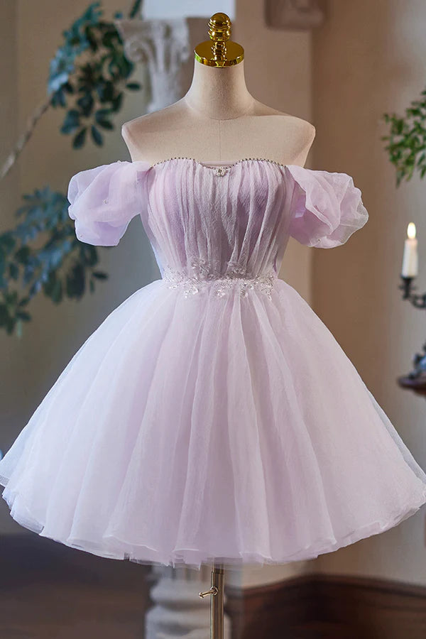 Wholesale Lilac Tulle Knee Length Party Dress Lovely A-Line Off the Shoulder Evening Dress